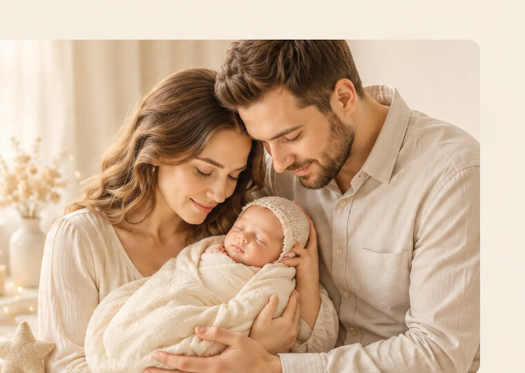 Familie tânără ținând bebeluș nou-născut